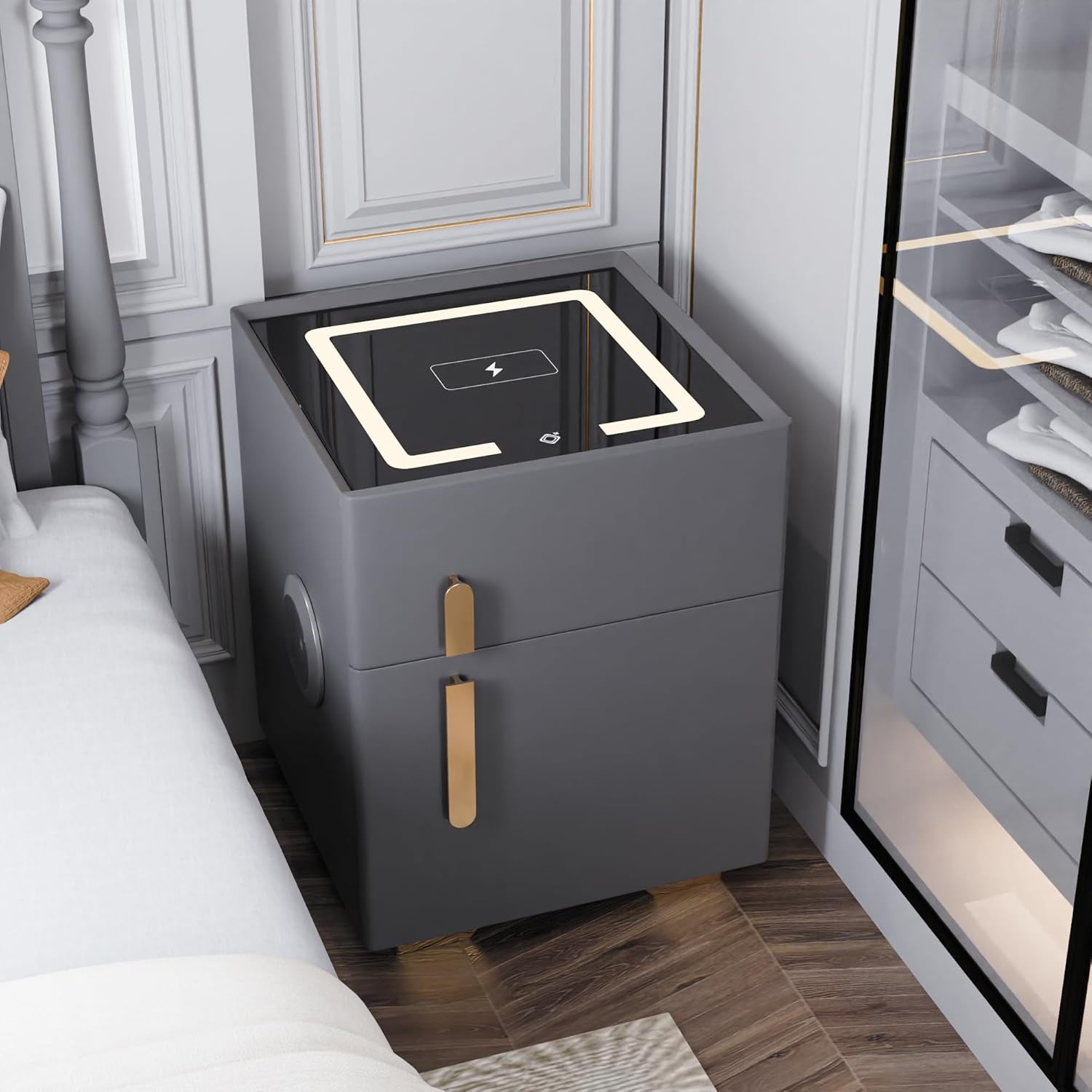 Night Stand Bedside Charger Bedroom Nightstand with Charging Station & LED Light Strip, Night Stand with Safe & Drawer, Morden End Table with U-S-B Ports & Bluetooth Speaker, Grey