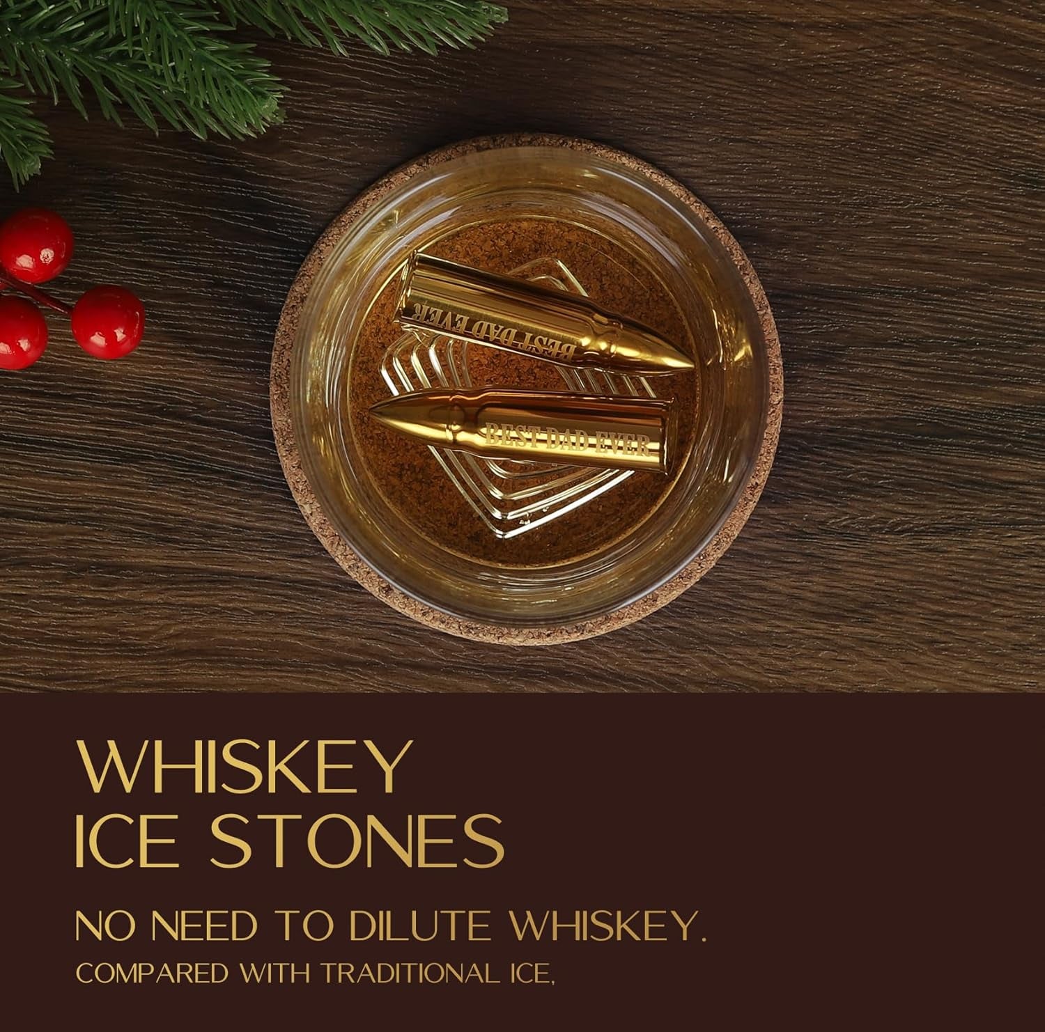 Fathers Day Dad Gifts from Daughter, Wife - Gifts for Dad, Fathers Day Present Ldeas - Dads Birthday Gift from Son, Gift for Stepdad, Men - Christmas Whiskey Stones Presents, Gold, 2 Pieces, Bar Set