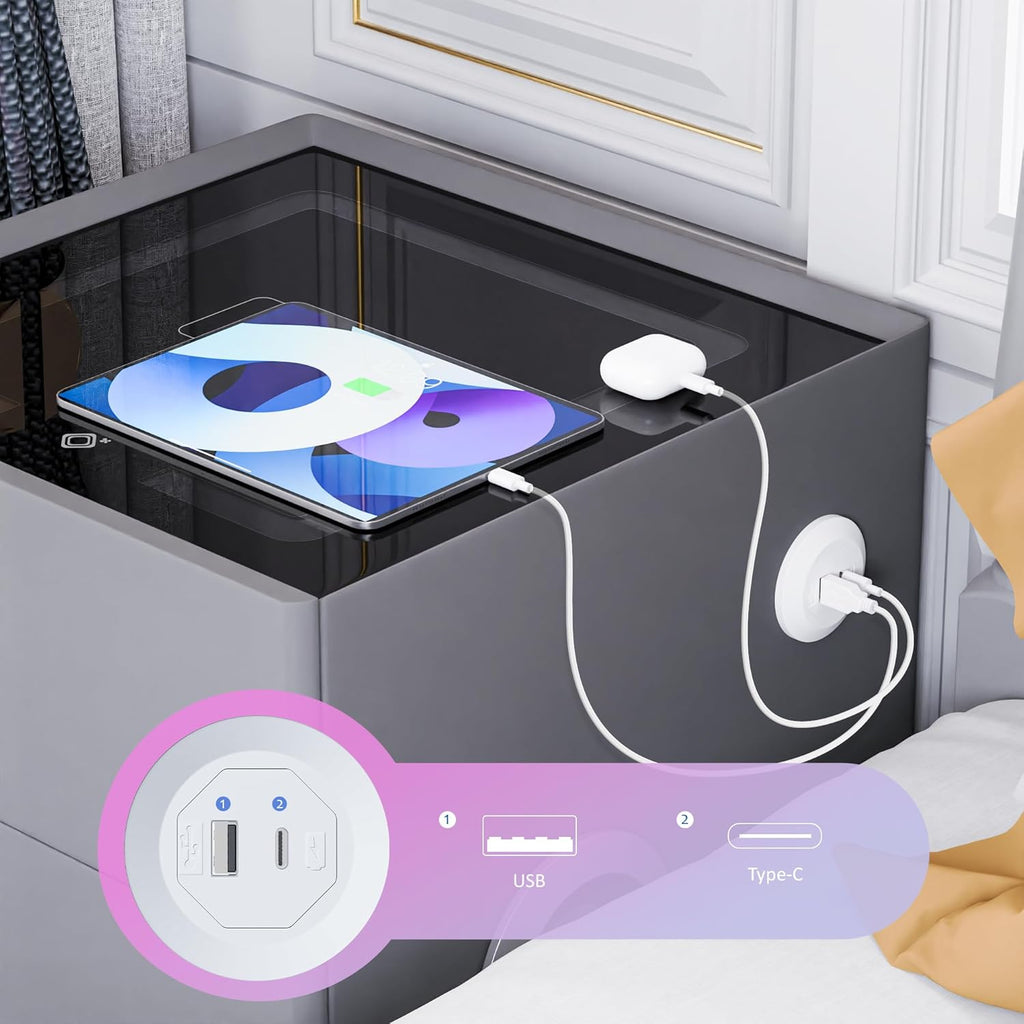Night Stand Bedside Charger Bedroom Nightstand with Charging Station & LED Light Strip, Night Stand with Safe & Drawer, Morden End Table with U-S-B Ports & Bluetooth Speaker, Grey