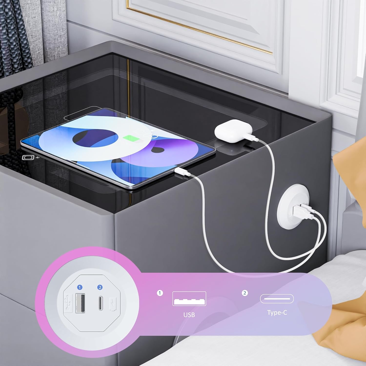 Night Stand Bedside Charger Bedroom Nightstand with Charging Station & LED Light Strip, Night Stand with Safe & Drawer, Morden End Table with U-S-B Ports & Bluetooth Speaker, Grey