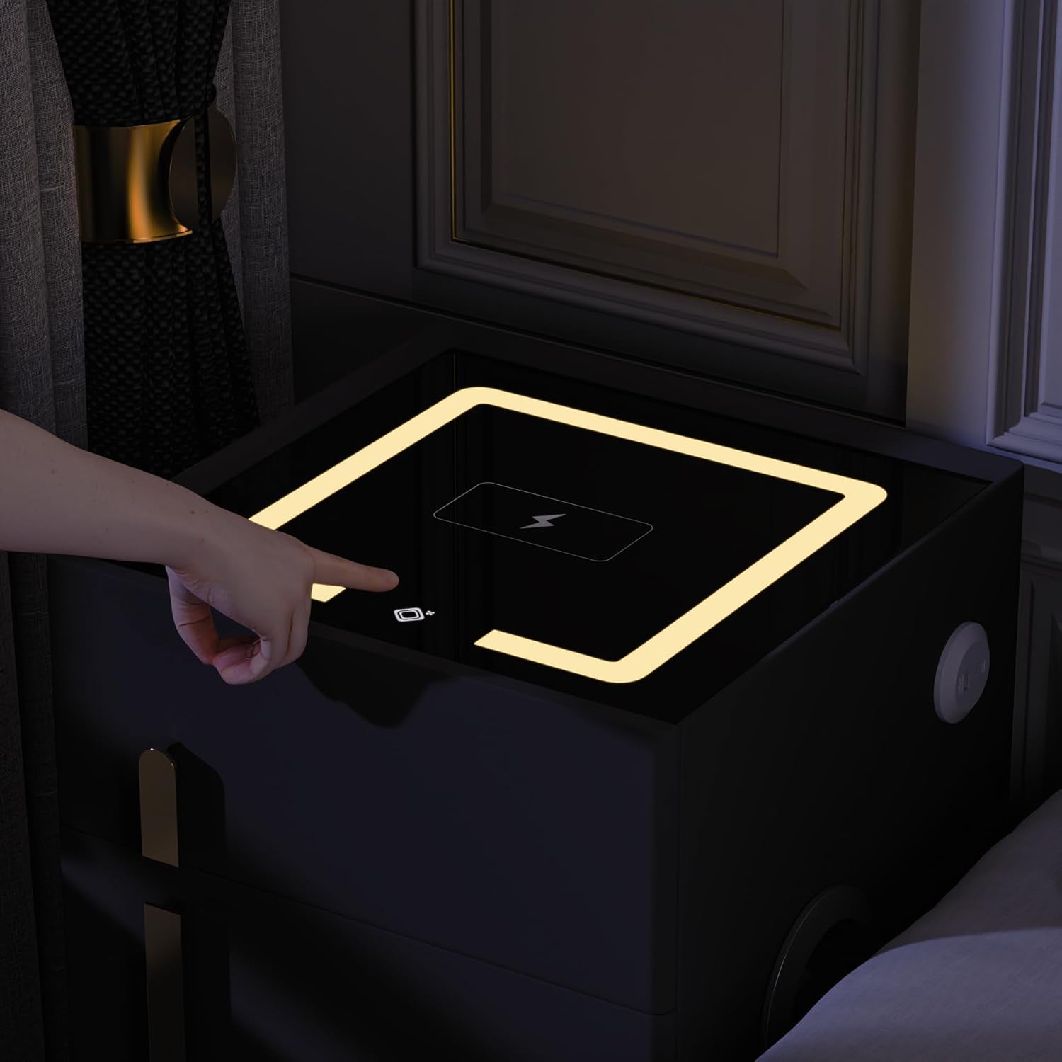 Night Stand Bedside Charger Bedroom Nightstand with Charging Station & LED Light Strip, Night Stand with Safe & Drawer, Morden End Table with U-S-B Ports & Bluetooth Speaker, Grey