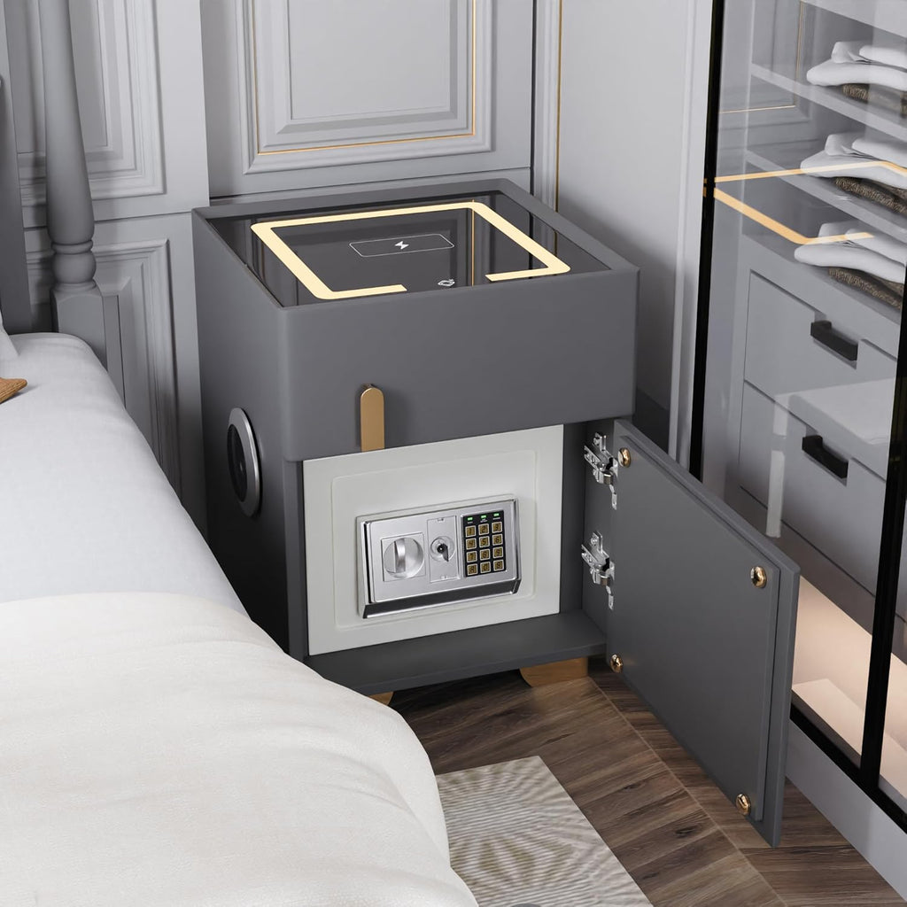 Night Stand Bedside Charger Bedroom Nightstand with Charging Station & LED Light Strip, Night Stand with Safe & Drawer, Morden End Table with U-S-B Ports & Bluetooth Speaker, Grey