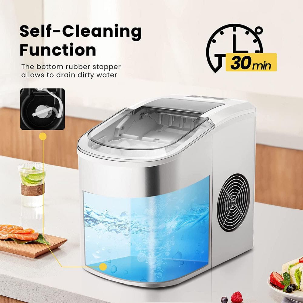27Lbs/Day Electric Portable Ice Cube Maker with Hand Scoop and Self Cleaning Function in Sliver